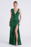 Mermaid Espresso Floral V-Neck Ruffled Long Bridesmaid Dress with Slit
