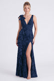 Mermaid Espresso Floral V-Neck Ruffled Long Bridesmaid Dress with Slit