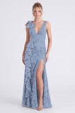 Mermaid Espresso Floral V-Neck Ruffled Long Bridesmaid Dress with Slit