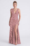 Mermaid Espresso Floral V-Neck Ruffled Long Bridesmaid Dress with Slit