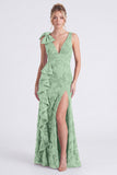 Mermaid Espresso Floral V-Neck Ruffled Long Bridesmaid Dress with Slit