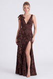 Mermaid Espresso Floral V-Neck Ruffled Long Bridesmaid Dress with Slit