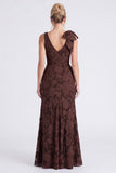 Mermaid Espresso Floral V-Neck Ruffled Long Bridesmaid Dress with Slit