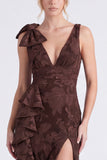 Mermaid Espresso Floral V-Neck Ruffled Long Bridesmaid Dress with Slit