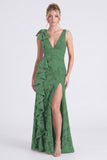 Mermaid Espresso Floral V-Neck Ruffled Long Bridesmaid Dress with Slit