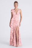 Mermaid Espresso Floral V-Neck Ruffled Long Bridesmaid Dress with Slit