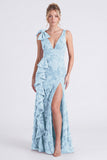 Mermaid Espresso Floral V-Neck Ruffled Long Bridesmaid Dress with Slit