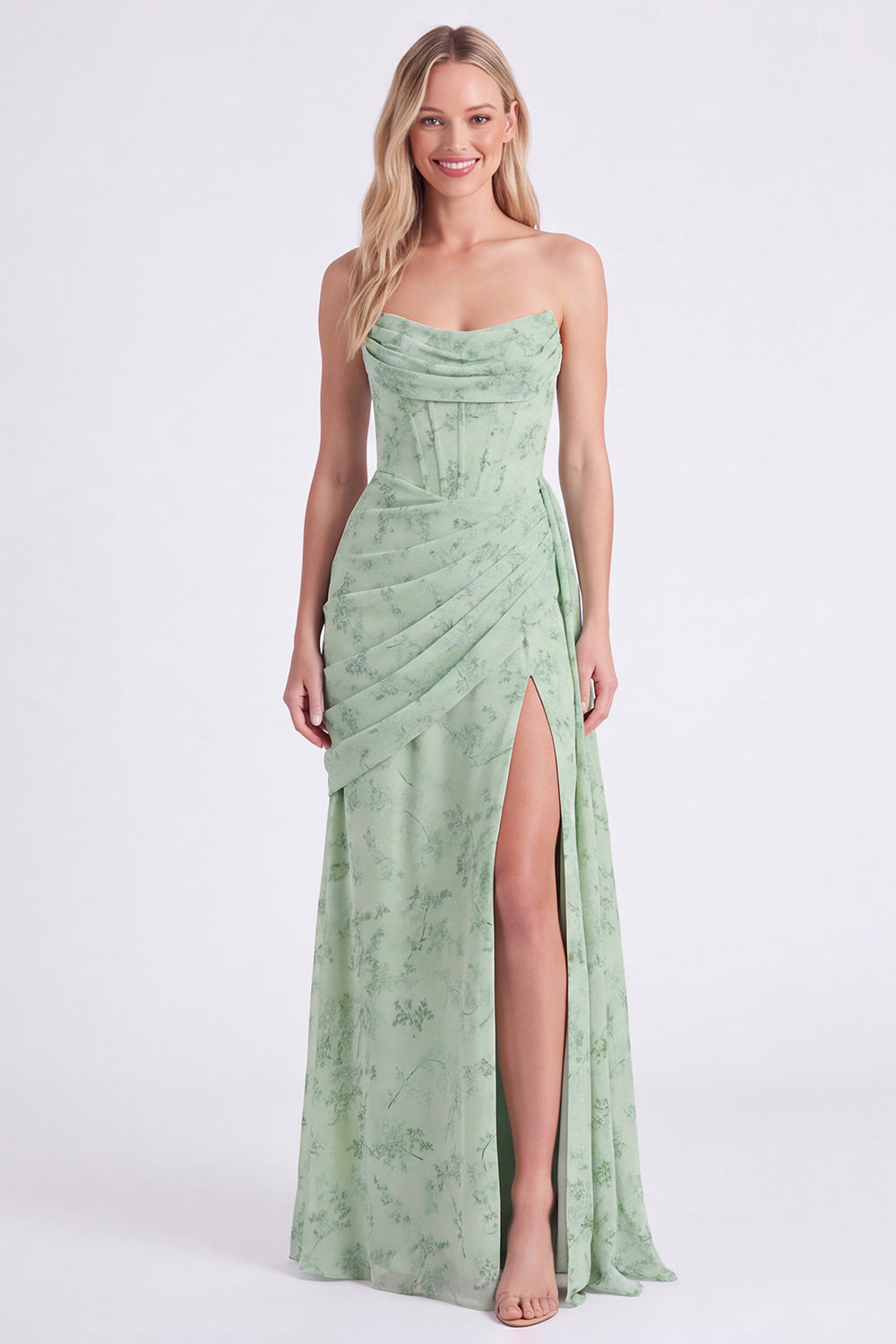 ZAPAKA Women Dusty Sage Strapless Long Bridesmaid Dress with Slit Mermaid Corset Chiffon Ruched Floral Wedding Guest Dress with Sash, Dusty Sage / US8