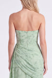Dusty Sage Strapless Corset Mermaid Chiffon Ruched Floral Long Bridesmaid Dress with Slit