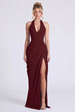 Dusty Sage Mermaid Halter Neck Ruched Floral Long Bridesmaid Dress with Slit