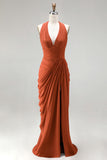 Burnt Orange Halter Neck Ruched Sheath Long Formal Dress