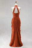 Burnt Orange Halter Neck Ruched Sheath Long Formal Dress