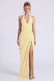 Dusty Sage Mermaid Halter Neck Ruched Floral Long Bridesmaid Dress with Slit