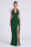 Dusty Sage Mermaid Halter Neck Ruched Floral Long Bridesmaid Dress with Slit