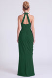 Dusty Sage Mermaid Halter Neck Ruched Floral Long Bridesmaid Dress with Slit