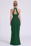 Dusty Sage Mermaid Halter Neck Ruched Floral Long Bridesmaid Dress with Slit