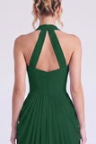 Dusty Sage Mermaid Halter Neck Ruched Floral Long Bridesmaid Dress with Slit