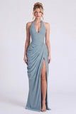 Dusty Sage Mermaid Halter Neck Ruched Floral Long Bridesmaid Dress with Slit