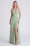 Dusty Sage Mermaid Halter Neck Ruched Floral Long Bridesmaid Dress with Slit