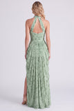 Dusty Sage Mermaid Halter Neck Ruched Floral Long Bridesmaid Dress with Slit