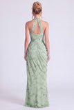 Dusty Sage Mermaid Halter Neck Ruched Floral Long Bridesmaid Dress with Slit