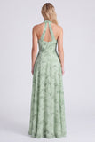Dusty Sage Mermaid Halter Neck Ruched Floral Long Bridesmaid Dress with Slit
