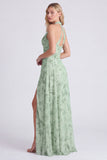 Dusty Sage Mermaid Halter Neck Ruched Floral Long Bridesmaid Dress with Slit