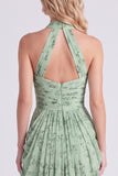 Dusty Sage Mermaid Halter Neck Ruched Floral Long Bridesmaid Dress with Slit