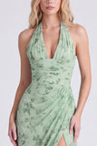 Dusty Sage Mermaid Halter Neck Ruched Floral Long Bridesmaid Dress with Slit