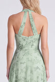 Dusty Sage Mermaid Halter Neck Ruched Floral Long Bridesmaid Dress with Slit