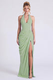 Dusty Sage Mermaid Halter Neck Ruched Floral Long Bridesmaid Dress with Slit
