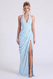 Dusty Sage Mermaid Halter Neck Ruched Floral Long Bridesmaid Dress with Slit