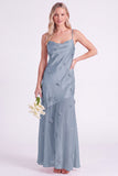 Pink Sheath Satin Spaghetti Straps Long Bridesmaid Dress with 3D Flowers