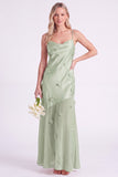 Pink Sheath Satin Spaghetti Straps Long Bridesmaid Dress with 3D Flowers