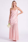 Pink Sheath Satin Spaghetti Straps Long Bridesmaid Dress with 3D Flowers