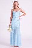 Pink Sheath Satin Spaghetti Straps Long Bridesmaid Dress with 3D Flowers