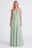 A-Line Sage Chiffon Floral Spaghetti Straps Long Bridesmaid Dress
