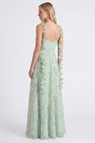 A-Line Sage Chiffon Floral Spaghetti Straps Long Bridesmaid Dress