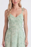 A-Line Sage Chiffon Floral Spaghetti Straps Long Bridesmaid Dress