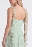 A-Line Sage Chiffon Floral Spaghetti Straps Long Bridesmaid Dress