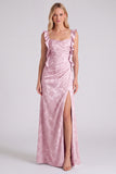 Floral Jacquard Ruffle Strap Long Bridesmaid Dress with Slit