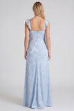 Floral Jacquard Ruffle Strap Long Bridesmaid Dress with Slit