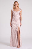 Floral Jacquard Ruffle Strap Long Bridesmaid Dress with Slit