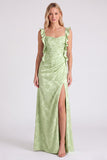 Floral Jacquard Ruffle Strap Long Bridesmaid Dress with Slit