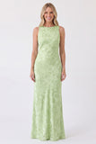 Sage Floral Bateau Neck Mermaid Backless Long Bridesmaid Dress
