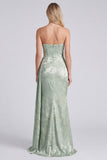 Satin Sage Strapless Ruched Mermaid Floral Long Bridesmaid Dress with Sash