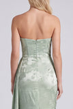 Satin Sage Strapless Ruched Mermaid Floral Long Bridesmaid Dress with Sash