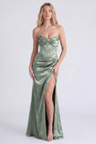 Strapless Sage Floral Corset Mermaid Ruched Long Bridesmaid Dress with Slit