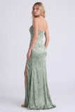 Strapless Sage Floral Corset Mermaid Ruched Long Bridesmaid Dress with Slit