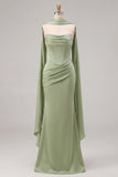Mermaid Sage Strapless Corset Ruched Long Bridesmaid Dress with Lace Up Back